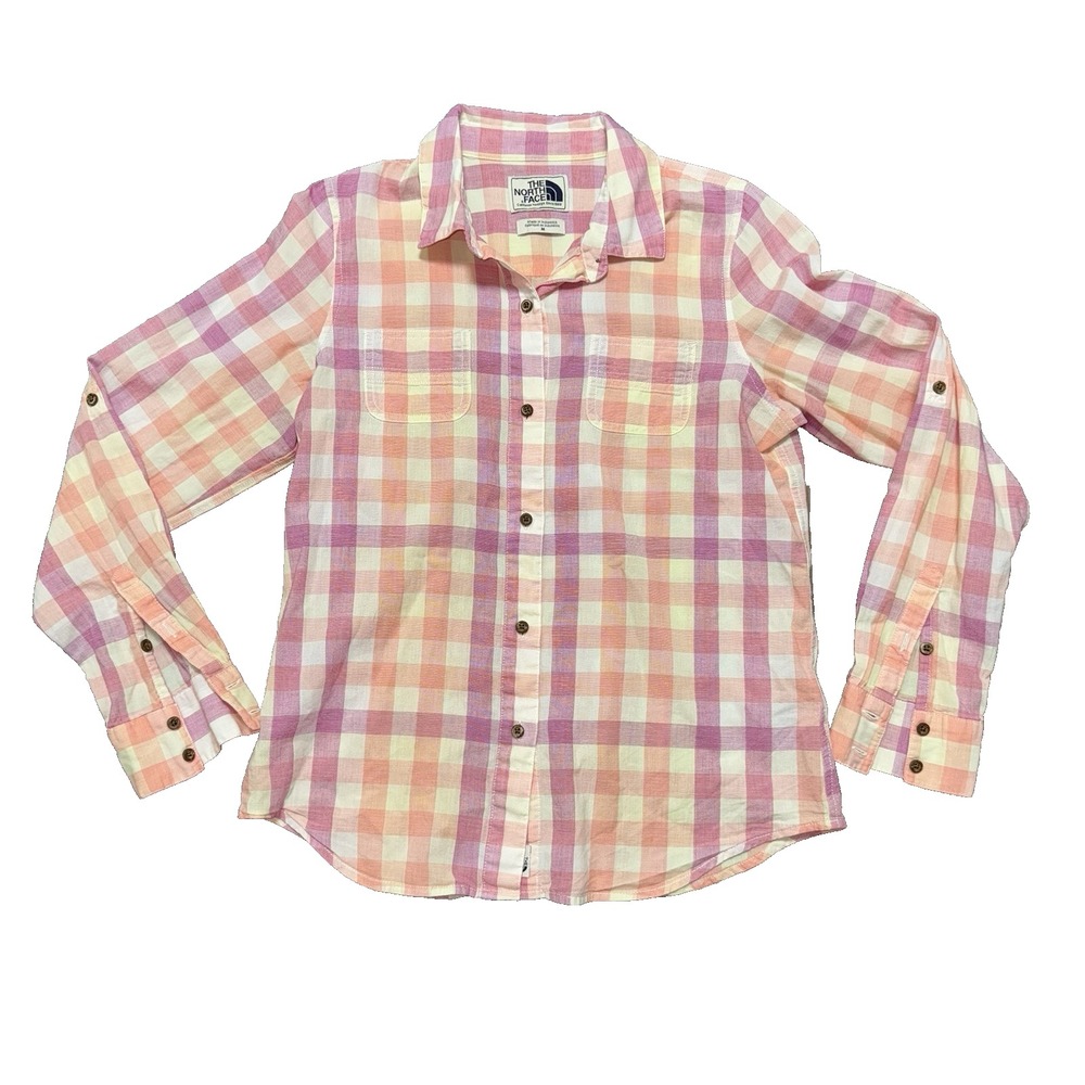 The North Face Button Up L/S Casual Shirt Roll Sleeves Pink White Check Women M